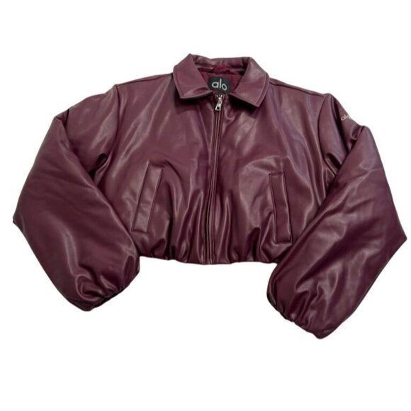 ALO Yoga Faux Leather Cropped Premier Bomber Jacket in Burgundy Red - Picture 1 of 6